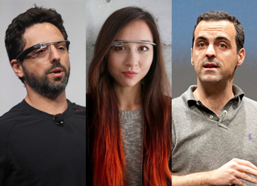 Google-oprichter Sergey Brin, Amanda Rosenberg van het Google Glass-team en oud-Android-topman Hugo Barra.