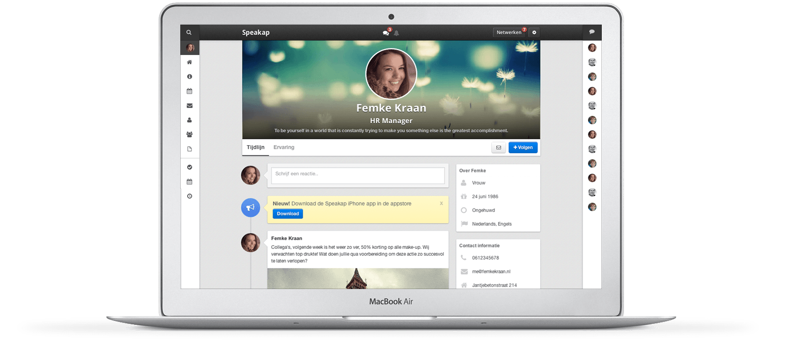 De Amsterdamse start-up Speakap heeft eind augustus een bedrag van 900.000 euro bij Nederlandse privé-investeerders opgehaald. Speakap is een sociaal platform waarop werknemers kunnen communiceren en samenwerken. "Onze ambitie is om met dit geld snel de Nederlandse markt te veroveren", zeggen Patrick van der Mijl en Erwin van der Vlist, de oprichters van Speakap. Eind 2012 ontving de Amsterdamse clouddienst al een investering van 800.000 euro, wat het totaal op 1,7 miljoen euro brengt. Vijf Nederlandse privé-investeerders hebben inmiddels een belang in het bedrijf. Zakelijke Facebook Speakap, dat op 16 september officieel gelanceerd wordt, heeft voor een deel dezelfde functionaliteiten als Facebook. Ook op Speakap kun je opmerkingen, video's, foto's en reacties achterlaten. "Je zou ons als de zakelijke variant van Facebook kunnen omschrijven", stellen Van der Mijl en Van der Vlist. "Want er zijn ook veel verschillen. In plaats van het spelen van spelletjes en muziek kun je bij ons bijvoorbeeld je uren registreren of klanten beheren. Al het werk op één plek, geen gedoe meer met allerlei softwareprogramma's en een aparte intranetpagina." Van der Mijl en Van der Vlist kwamen al in 2007 op het idee van de dienst. De afgelopen jaren hebben ze enkele bètaversies van Speakap laten testen door verschillende type bedrijven. "Van ziekenhuizen, hotelketens, tot supermarkten en uitgevers", geven de oprichters aan. Aan de hand van hun feedback hebben het afgelopen jaar ex-lead developers van onder meer Hyves, Vakantieveilingen en Sanoma de dienst geperfectioneerd. Freemium Het product wordt vanaf medio september in een gratis en betaalde versie aangeboden. Binnen de gratis versie kunnen bedrijven alleen een sociaal netwerk aanmaken. Wie het hele pakket wil, inclusief koppelingen met kantoorsoftware, betaalt maandelijks 3 euro per gebruiker. Van der Vlist: "Om ervoor te zorgen dat bedrijven hun eigen kantoorsoftware kunnen blijven gebruiken, stelt Speakap zijn databibliotheek beschikbaar. Zo kun je alle software programma's koppelen." Europa Speakap ziet voor de komende jaren veel groeipotentie in Europa. Volgens onderzoeksbureau IDC is nu liefst 81,8 procent van de 750 miljoen euro omzet in de enterprise social networking branche nog afkomstig uit de Verenigde Staten. IDC verwacht dat deze sector in 2017 liefst driemaal zoveel omzet als nu, terwijl onderzoeksbureau Gartner voorspelt dat in 2015 minstens één op de twee concerns een sociaal platform als communicatie- en collaboratie software inzet.