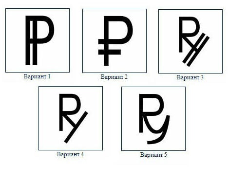 Rusland wil graag meetellen in de wereld en daarbij hoort natuurlijk een sterke valuta met een herkenbaar symbool. Dat eerste heeft nog wat tijd nodig, maar een symbool krijgt de Russische munt binnenkort wel. De pond heeft zijn £, de dollar zijn $, de euro zijn €, de Yen zijn ¥ en zelfs die vermaledijde Hollanders hadden in het verleden hun eigen ƒ, maar de Russische roebel heeft niets. Dat kan zo niet langer. Rusland heeft een internationaal herkenbaar symbool nodig, vindt de Russische Centrale Bank. R of P Probleem hierbij is het feit dat de Russen gebruik maken van het cyrillische schrift. De cyrillische letter 'r' ziet er uit als een 'p' in het Latijnse alfabet. Een 'r' zou gezien het feit dat de veel aardbewoners het Latijnse schrift kunnen lezen logisch zijn, maar dat zou weer een knieval zijn aan het Westen. De oplossing is een Russische 'r' of een combinatie van de twee. De Russische Centrale Bank heeft daarom een verkiezing uitgeschreven voor een valutasymbool. Op de website van de bank kunnen Russen — niet-Russen overigens ook — stemmen voor een van de vijf varianten. Overigens heeft de roebel in de zeventiende eeuw wel een symbool gehad (zie fig.), maar dat symbool, een combinatie van de Russische 'oe' (=y) en de 'r'(=p), doet niet mee aan de competitie. Oude roebelsymbool Rusland is niet de enige opkomende economie die een valutasymbool wil. India hield in 2009 een verkiezing voor een symbool van de Indiase Roepie. Het resultaat zie je hieronder.