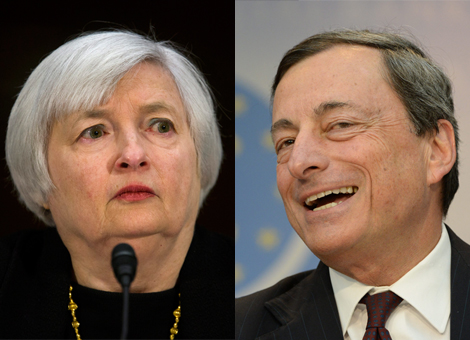 De president van de Europese Centrale Bank (ECB), Mario Draghi, heeft over 2013 meer dan twee keer zoveel salaris ontvangen dan de beloning die zijn ambtgenoot Janet Yellen van de Amerikaanse Federal Reserve mag verwachten. Het salaris van Draghi bedroeg 378.240 euro, een stijging van 1,1 procent ten opzichte van een jaar eerder, zo blijkt uit het jaarverslag van de ECB. Yellen, die sinds februari voorzitter is van de Fed, krijgt een jaarsalaris van 201.700 dollar (ruim 147.000 euro). De voorzitter van de Japanse centrale bank, Haruhiko Kuroda, ontvangt een salaris van omgerekend bijna 172.000 euro. De gouverneur van de Bank of England, Mark Carney, boert het allerbeste met een jaarlijkse beloning van meer dan 1 miljoen euro. Klaas Knot: ruim 3 ton Voorzitter Klaas Knot van De Nederlandsche Bank (DNB) verdiende in 2012 ruim 320.000 euro, zo valt op te maken uit het jaarverslag van DNB over dat jaar. Het jaarverslag van DNB over 2013 is nog niet beschikbaar. De salarissen bij centrale banken liggen wel beduidend lager dan de beloningen die door de grote internationale banken worden uitgekeerd. Zo kreeg de topman van de Amerikaanse bank Goldman Sachs, Lloyd Blankfein, over 2012 een basissalaris van 2 miljoen dollar plus een bonus van 21 miljoen dollar. Hij was daarmee de best betaalde topman van een Amerikaanse bank in 2012. De twee bestuursvoorzitters van Deutsche Bank, Anshu Jain en Jürgen Fitschen, zullen over 2013 ieder een beloning ontvangen van 9,85 miljoen euro. De ECB boekte in 2013 overigens een winst van ruim 1,4 miljard euro. Die winst zal vrijwel geheel worden verdeeld onder de nationale centrale banken.