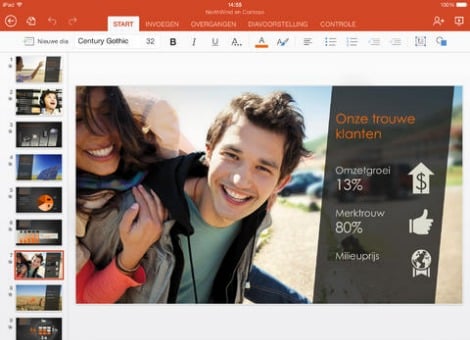 Microsoft heeft donderdag Office voor de iPad onthuld. De apps zijn gratis te downloaden, maar om documenten in Word, Excel en Powerpoint te maken moet je een abonnement afsluiten. Het was de eerste keer dat Satya Nadella, de kersverse topman van Microsoft, het podium betrad. Hij luidde het tijdperk na Steve Ballmer in met een voor Microsoft revolutionaire aankondiging: kantoorsoftwarepakket Office is beschikbaar voor de iPad. De apps voor Word, Excel en Powerpoint zijn gratis te downloaden. Ook het bekijken van documenten kost niets, maar wil je serieus aan de slag met Office dan moet je dokken. Om de iPad-versie van Office volledig te gebruiken heb je abonnement nodig op Office 365, het online softwarepakket van Microsoft. Dat kost 10 euro per maand of 99 euro per jaar. Daarmee lijkt de softwaregigant te mikken op huidige Microsoft-gebruikers die een iPad hebben. Design geoptimaliseerd voor iPad Microsoft heeft Office voor de pc niet simpelweg overgezet naar de iPad, maar het ontwerp aangepast voor gebruik met een aanraakscherm. Herkenbare elementen zoals de menubalk en de kleurstelling zijn gehandhaafd. De software is bijna identiek aan die op een reguliere computer, enkele uitzonderingen daargelaten. Zo is het vooralsnog niet mogelijk om een video toe te voegen aan een Powerpoint-presentatie. Volgens Microsoft zien Office-bestanden er hetzelfde uit op alle platformen. Gebruikers zouden dus probleemloos moeten kunnen switchen tussen verschillende apparaten, zonder dat dit invloed heeft op de opmaak van het document. Miljardenkans voor Microsoft De beslissing om een iPad-versie van Office uit te brengen zou volgens ingewijden zijn genomen door Steve Ballmer, de oud-topman die begin vorige maand het stokje overdroeg aan Nadella. Microsoft richtte zich de afgelopen jaren op de eigen Surface-tablet en Windows 8. Het uitbrengen van Office voor andere platformen durfde het softwarebedrijf aanvankelijk niet aan, uit vrees dat het ten koste zou gaan van de Windows-verkopen. Maar Microsoft liet daarmee een miljardenkans liggen. Van de iPad zijn sinds 2010 bijna 200 miljoen exemplaren verkocht. En die tablets worden ook in een zakelijke omgeving gebruikt, waar Microsoft van oudsher sterk vertegenwoordigd is. De mogelijkheid om grof geld te verdienen op de iPad bleek uiteindelijk te groot om te negeren. Sommige analisten denken dat Office voor de iPad zo'n 1 miljard dollar extra in het laatje kan brengen voor Microsoft. Anderen schatten de potentiële markt zelfs op 7 miljard dollar. Ter vergelijking: de totale kwartaalomzet van de oude Business-divisie, waar Office toebehoorde, bedroeg in september vorig jaar 24,7 miljard dollar. Komt de stap van Microsoft te laat? De grote vraag is of Microsoft niet te laat Office naar de iPad heeft gebracht. In de drieënhalfjaar dat de tabletcomputer van Apple op de markt is, hebben gebruikers leren werken zonder de bekende programma's van Microsoft. Daarnaast zijn nieuwe bedrijven in het gat gesprongen, zoals Evernote, Quip, Smartsheet and Haiku Deck. En dan is er nog iWork, Apple's eigen kantoorsoftwarepakket dat gratis te gebruiken is. Voor een hoop mensen zou de noodzaak om een abonnement af te sluiten bij Microsoft voor Office weleens niet kunnen bestaan.