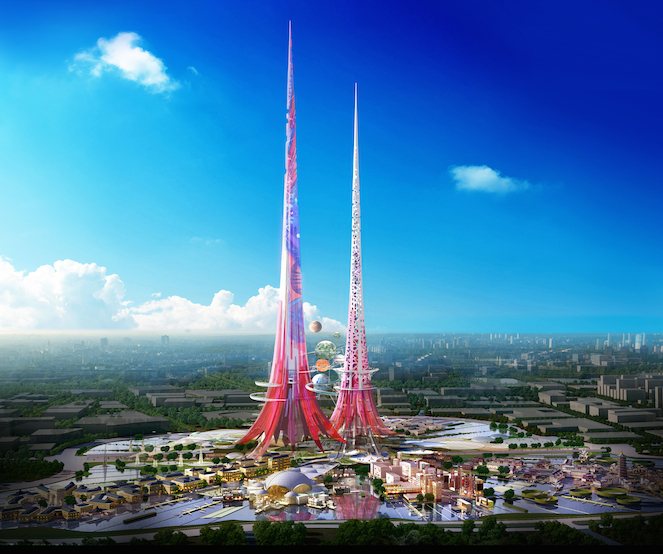 In de Chinese stad Wuhan moet de hoogste tweeling-wolkenkrabber ter wereld verrijzen. De Phoenix Towers, die in 2018 klaar moeten zijn, worden 1 kilometer hoog, ruim het dubbele van de beroemde Petronas Towers in het Maleisische Kuala Lumpur. De titel hoogste gebouw ter wereld is tegen die tijd waarschijnlijk vergeven aan de dan meer dan 1000-meter hoge Kingdom Tower in Jeddah in Saudi-Arabië, maar in het dubbelspel zijn de Chinezen ongetwijfeld nummer 1. Roze Eiffeltorens Het is een opmerkelijk ontwerp dat architectenbureau Chetwoods Architects heeft gemaakt. De twee torens hebben ergens iets weg van de Eiffeltoren, maar dan uitgevoerd in knalroze. Het meest opvallende element aan de twee torens zijn echter de planeetvormige restaurants die tussen de torens lijken te zweven en waar je via een loopbrug heen kan wandelen. Maar er is meer: de torens herbergen straks ook grootste verticale tuin ter wereld. Vastgoedcrisis in China Volgens het Duitse blad Der Spiegel is er nog wel een hobbel te nemen: de burgemeester van de 10 miljoen zielen tellende stad Wuhan moet nog wel zijn handtekening zetten onder het plan dat zo'n 1,5 miljard euro zou moeten gaan kosten. Een andere bedreiging voor het plan, vormt de dreigende vastgoedcrisis in China. Een groot aantal financieringsfondsen in de vastgoedsector dreigt om te vallen, meldt persbureau Bloomberg. Een dergelijke crisis zou er weleens voor kunnen zorgen dat veel ambitieuze bouwprojecten worden uitgesteld. En dat zijn er veel. Als je gebouwen in aanbouw meerekent, staan vijf van de tien hoogste gebouwen ter wereld in China. Lees ook Waarom we gek zijn op wolkenkrabbers