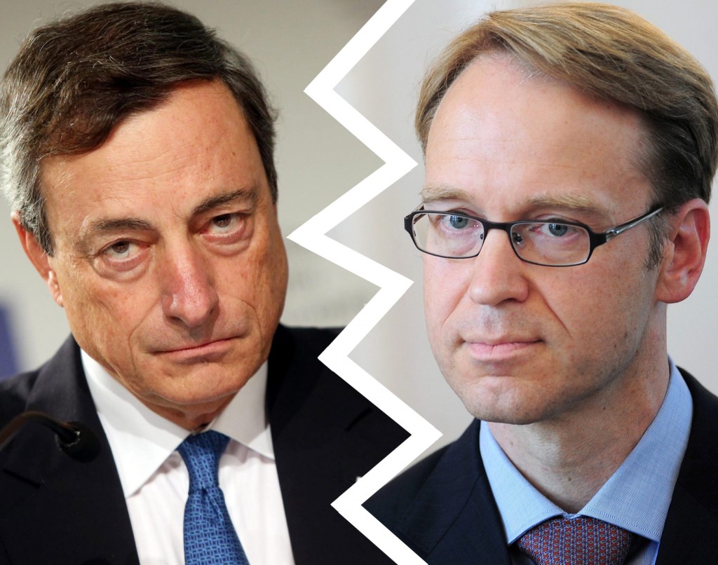 ECB-president Mario Draghi en Bundesbank-president Jens Weidmann zouden niet langer door een deur kunnen. Analist Arne Petimezas van beursmakelaar AFS Group praat je bij vanaf de beursvloer in Amsterdam. 1. Heibel in de tent bij de Europese Centrale Bank (ECB) in Frankfurt. ECB-president Mario Draghi en Bundesbank-president Jens Weidmann, de primus inter pares van de topmannen van de nationale centrale banken, zouden niet langer on speaking terms zijn, volgens het Duitse blad Focus. Draghi zou haast niet meer kunnen samenwerken met Weidmann en hij zou de Duitse centrale bankier ook niet langer op de hoogte brengen van zijn plannen, omdat hij toch overal nee tegen zegt. Tijdens de IMF-jaarvergadering viel Weidmann Draghi ook nog eens in het openbaar af. Draghi zei dat de balans van de ECB terug moet groeien naar het niveau van begin 2012. Daarop zei Weidmann volgens persbureau Bloomberg dat "het de vraag is hoe formeel deze doelstelling is". 2. Draghi en Weidmann hebben waarschijnlijk ruzie over wat een kleine meerderheid van door Bloomberg geraadpleegde economen nu verwachten wat de volgende stap van de ECB zal zijn: het grootschalig aankopen van staatsobligaties in de markt. Het lijkt er op dat Draghi en een aanzienlijk aantal andere ECB-bestuursleden (maar waarschijnlijk niet de meerderheid) zo'n programma van kwantitatieve verruiming willen starten om het stilgevallen economisch herstel nieuw leven in te blazen en de veel te lage inflatie weer op peil te brengen. Weidmann en zijn satellieten, waaronder waarschijnlijk ook DNB-president Klaas Knot onder valt, vinden dergelijke aankopen te risicovol. Daarnaast zijn de haviken van mening dat de ECB meer dan genoeg heeft gedaan en dat meer verruimen zinloos is zolang eurolidstaten hun economie niet hervormen. Analist Arne Petimezas van AFS Group houdt je dagelijks op de hoogte van de dingen die je moet weten. Analist Arne Petimezas van AFS Group houdt je dagelijks op de hoogte van de dingen die je moet weten. 3. Is de Duitse minister van Financiën Wolfgang Schäuble een 180-gradendraai te maken en toch bereid een investeringsproagramma af te kondigen waar Europa en de rest van de wereld om roept? Afgelopen weekend zei Schäuble in Washington dat de regering overheidsinvesteringen zal verhogen maar tegelijkertijd andere uitgaven zal verlagen. Omdat de verhoging van investeringen begrotingsneutraal zal zijn, zal het stimulerend effect echter verwaarloosbaar zijn. Punt is namelijk dat de regering van bondskanselier Angela Merkel vanwege doorgeslagen begrotingsdiscipline vanaf 2015 de begroting in balans wil hebben en netto geen nieuwe staatsleningen meer uitgeven. In Duitsland staat deze idioterie bekend als de “schwarzes Null”. 4. Schäuble raakt buiten en binnen Duitsland steeds meer geïsoleerd met zijn schwarzes Null über alles en zelfs de meest rechtse Duitse economen noemen de doelstelling nutteloos. Clemens Füst, de topman van het ZEW Instituut, zei tegen de krant de Rheinische Post dat de schwarzes Null alleen een politiek doel dient en economisch gezien nergens op slaat. 5. Het probleem van banken die too big to fail zijn zal spoedig uit de wereld zijn geholpen, zongen top bankiers in koor tijdens de bijeenkomst van bankenlobby IIF afgelopen weekend in Washington. Bank of England-topman Mark Carney, Fed-gouverneur Daniel Tarullo en de ceo's van de Amerikaanse megabanken Bank of America en JPMorgan Chase denken dat belastingbetalers niet langer het kind van de rekening zullen zijn als een systeembank dreigt om te vallen. De kapitaaleisen voor de 29 grootste systeembanken zullen namelijk dermate streng zijn, dat het haast uitgesloten is dat er nog staatssteun nodig is. Tijdens de komende G20-top in Brisbane zullen toezichthouders afspreken dat systeembanken voor hun naar risico gewogen activa voor ten minste 16 tot procent gedekt moeten zijn met eigen vermogen en obligaties die eenvoudig kunnen worden afgeschreven naar gewone aandelen. Toezichthouders kunnen die eis nog eens opschroeven naar 21 tot 25 procent. Overigens was de co-ceo van Deutsche Bank, Anshu Jain, sceptisch dat too big to fail niet langer opgaat. Volgens CNBC zei Jain dat er nog te veel juridische obstakels zijn om de vlag uit te kunnen hangen. En ook Fed-topman Jeffrey Lacker is sceptisch. Lacker zei dat het feit dat de Fed een bank haast onbeperkt van noodfinanciering kan voorzien, een afwikkeling van een wankelende bank in de weg staat. 6. De eerste renteverhoging door de Fed kan wel eens langer op zich laten wachten. Tijdens de jaarvergadering van het IMF afgelopen weekend in Washington zei Fed vice-voorzitter Stanley Fischer dat als de groei buiten de VS trager is en dit zijn gevolgen heeft voor de Amerikaanse economie, de Fed meer de tijd zal nemen om de rente te verhogen. De uitspraken van Fischer komen nadat een aantal Fed-topmannen hun zorgen hebben uitgesproken over de harde dollar, die de inflatie in de VS remt en de Amerikaanse export belemmert. 7. Saoedi-Arabië verwacht dat de olieprijs voor geruime tijd op bodemniveaus blijft staan. Volgens persbureau Reuters heeft het koninkrijk marktparticipanten laten weten dat het geen problemen zien in aanzienlijk lagere olieprijzen voor geruime tijd. Een prijs van 80 tot 90 dollar per vat voor een periode van een tot twee jaar zou acceptabel zijn. 8. Hedgefonds Pershing Squares 2,7 miljard dollar grote beursgang in Amsterdam is niet bepaald een onverdeeld succes. De koers van Pershing Square, het belegginsvehikel van de activistische belegger Bill Ackman, kelderde na de opening naar een dieptepunt van 22,30 dollar ten opzichte van de introductieprijs van 25 dollar, om later te herstellen naar krap boven de 23 dollar. Vanochtend zei Ackman op de beurs dat de koersdaling goed is omdat het aangeeft dat hij de aandelen tegen een hoge prijs heeft kunnen plaatsen. Ackman zei dat hij de opbrengsten van de beursgang wil gebruiken om een belang te nemen in een Amerikaanse bedrijf met een “redelijk goede omvang.” 9. Europese aandelenbeurzen zijn vanochtend na een dramatische opening uit het rood aan het komen. De toonaangevende Stoxx 50 daalde vanochtend naar 2.916,70 punten en zakte daarmee meer dan 10 procent onder de top van juni, waardoor er sprake is van een correctie. Aandelenbeurzen wereldwijd hebben een erg slechte oktober maand vanwege zorgen over economie groei, in het bijzonder angst voor een recessie in de eurozone en tegenvallend ingrijpen door de ECB. 10. Op de beursagenda staat vandaag het overleg van ministers van Financiën van de eurozone. Dat overleg zal in het teken staan van de begrotingen voor 2015 van Frankrijk en Italië. Beide begrotingen voldoen niet aan de eisen van de Europese Begrotingsunie, en Brussel en Berlijn willen dat Parijs en Rome extra tekortreducerende maatregelen gaan nemen. Het eerstvolgende belangrijke macrocijfer is op dinsdag, namelijk de ZEW-index voor het vertrouwen in de Duitse economie. De markt verwacht dat de vertrouwensindex in oktober verder daalde, daarmee signalerend dat de Duitse economie in een recessie kan belanden. Arne Petimezas is analist bij financiële dienstverlener AFS Group. Deze bijdrage is niet bedoeld als advies tot het doen van individuele beleggingen.