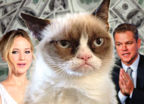 De poes Grumpy Cat is nog altijd razend populair op internet, en dat legt haar baasje geen windeieren. Eigenaresse Tabatha Bundesen verdiende al meer dan 81 miljoen euro met merchandising, reclames, een boek en nu ook een film. Hoe een kat een internetberoemdheid kan worden. Het begon allemaal in september 2012, toen de broer van Bundesen een foto van de vijf maanden oude poes op het populaire forum Reddit plaatste. Tardar Sauce, zoals Grumpy Cat echt heet, viel op vanwege haar unieke chagrijnige gelaatsuitdrukking. Volgens haar eigenaresse is dwerggroei daarvan de oorzaak. Al snel plaatsten Reddit-gebruikers ludieke teksten bij de foto, die inspeelden op haar hangende mondhoeken. gc1 gc2 Grumpy Cat werd een hit en ging het hele internet over. In amper twee jaar tijd is ze uitgegroeid tot de bekendste online poes. "Wat ze heeft bereikt in zo'n korte tijd is onvoorstelbaar en verbijsterend", zegt de 28-jarige Tabatha Bundeson zondag tegenover Express. "Ik kon met mijn baan als serveerster stoppen binnen enkele dagen nadat ze voor het eerst op sociale media stond. De telefoon is maar blijven rinkelen." Volgens de Amerikaanse worden mensen op slag verliefd als ze de poes voor het eerst zien, ook al vinden ze haar spuuglelijk. Inkomsten Bundesen heeft de populariteit van Grumpy Cat weten te verzilveren. Via grumpycats.com zijn onder meer T-shirts, mokken en kalenders met de beeltenis van de humeurige vrouwtjeskat te koop. Sinds kort is er zelfs een koffiesmaak naar de poes vernoemd: Grumppuccino. Een film kon natuurlijk niet uitblijven. Eind november ging een kerstcomedy rondom Grumpy Cat in première, die overigens niet bijster goede recensies krijgt. Maar dat zal Bundesen waarschijnlijk een zorg zijn. Het nurkse dier leverde haar al meer dan 81 miljoen euro aan inkomsten op, aldus Express. Daarmee heeft Grumpy Cat meer verdiend dan Hollywood-sterren als Jennifer Lawrence, Matt Damon en Matthew McConaughey. Het vermogen van de populaire Lawrence wordt geschat op 33 miljoen euro, terwijl beide mannelijke acteurs goed zijn voor ruim 60 miljoen euro. Zoals alle grote sterren heeft ook Grumpy Cat een zaakwaarnemer, de Amerikaan Ben Lashes. Hij heeft nog meer bekende internetkatten in zijn stal: Keyboard Cat en Nyan Cat. Maar aan Grumpy Cat kan niemand tippen. "Ze is wereldwijd een icoon", tekent Express op.