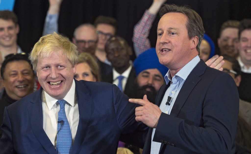 De onwaarschijnlijke partijgenoten Boris Johnson en David Cameron bij de Londense burgemeestersverkiezingen in maart 2016. Foto: EPA
