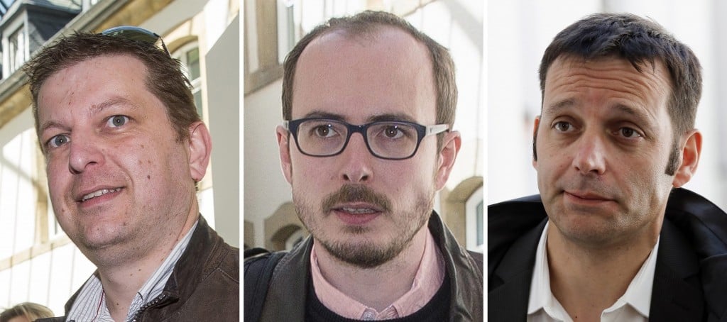 De drie mannen die terecht stonden voor de LuxLeaks-lekken Raphael Halet, Antoine Deltour en Edouard Perrin. Foto's: EPA