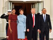 2017-01-20 07:28:38 epa05734905 US President Barack Obama (R) and Michelle Obama (L) pose with President-elect Donald J. Trump and wife Melania at the White House before the inauguration in Washington, DC, USA, 20 January 2017. Trump won the 08 November 2016 election to become the next US President. EPA/KEVIN DIETSCH / POOL