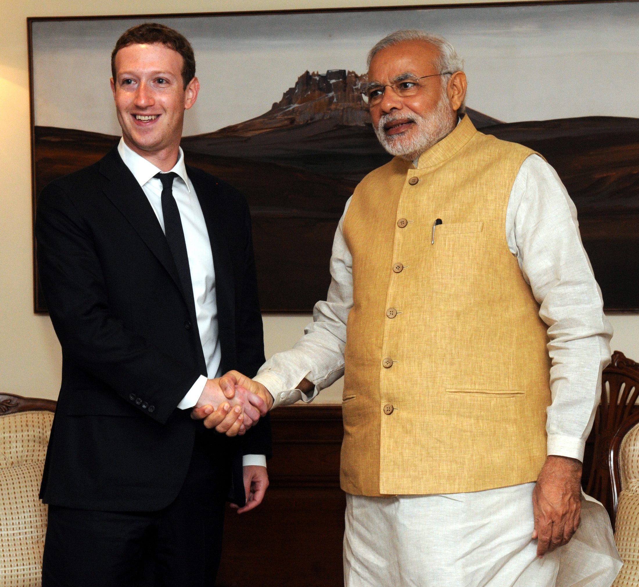 Oprichter van Facebook Mark Zuckerberg ontmoet de Indiase premier Narendra Modi. Foto; EPA