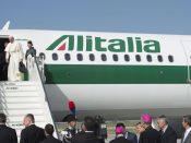 2016-06-24 08:59:50 epa05387983 A handout picture provided by the Vatican newspaper Osservatore Romano on 24 June 2016 shows Pope Francis at Fiumicino Airport boarding a plane for Yerevan, Armenia, with an Alitalia flight, Rome, Italy, 24 June 2016. 24 June 2016. The Pope will spend 3 days in Armenia on an official visit. EPA/OSSERVATORE ROMANO / HANDOUT HANDOUT EDITORIAL USE ONLY/NO SALES