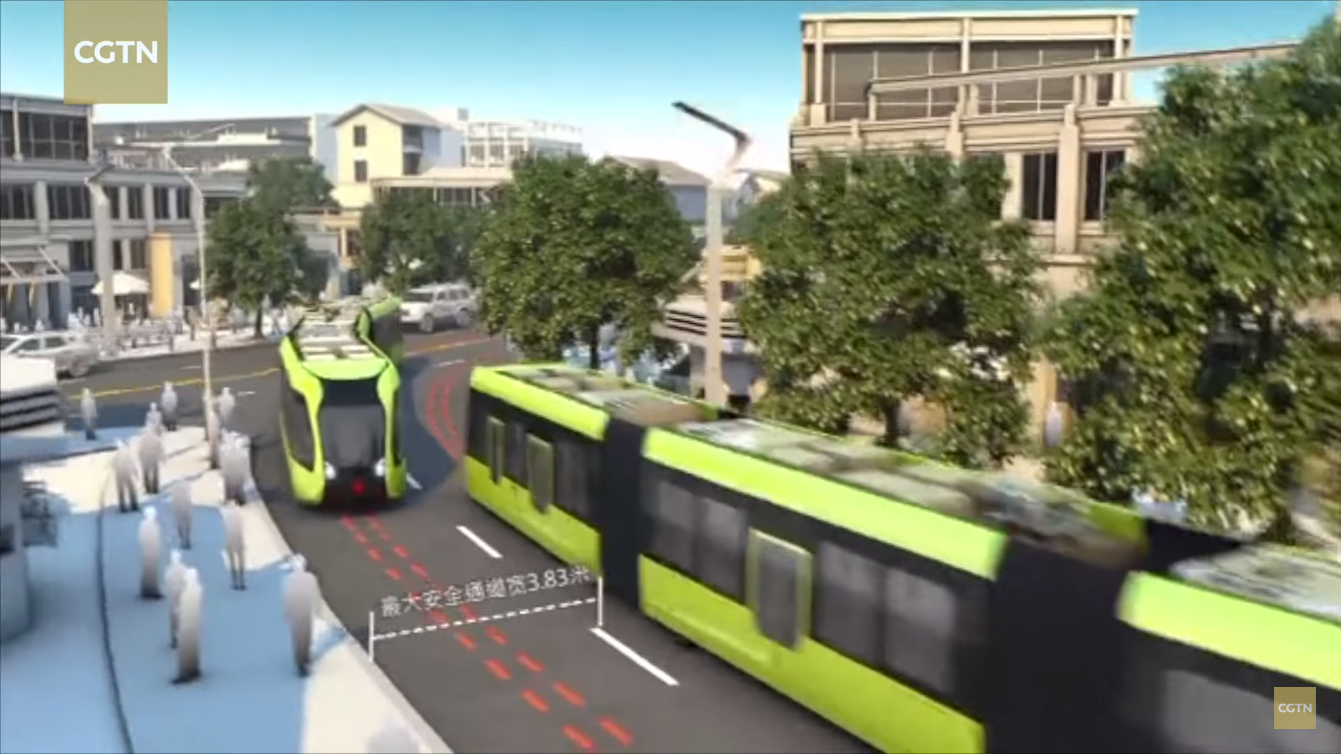 Deze in China ontwikkelde tram kan autonoom een voorgeprogrammeerd, virtueel spoor volgen. Foto: screenshot Xinhua