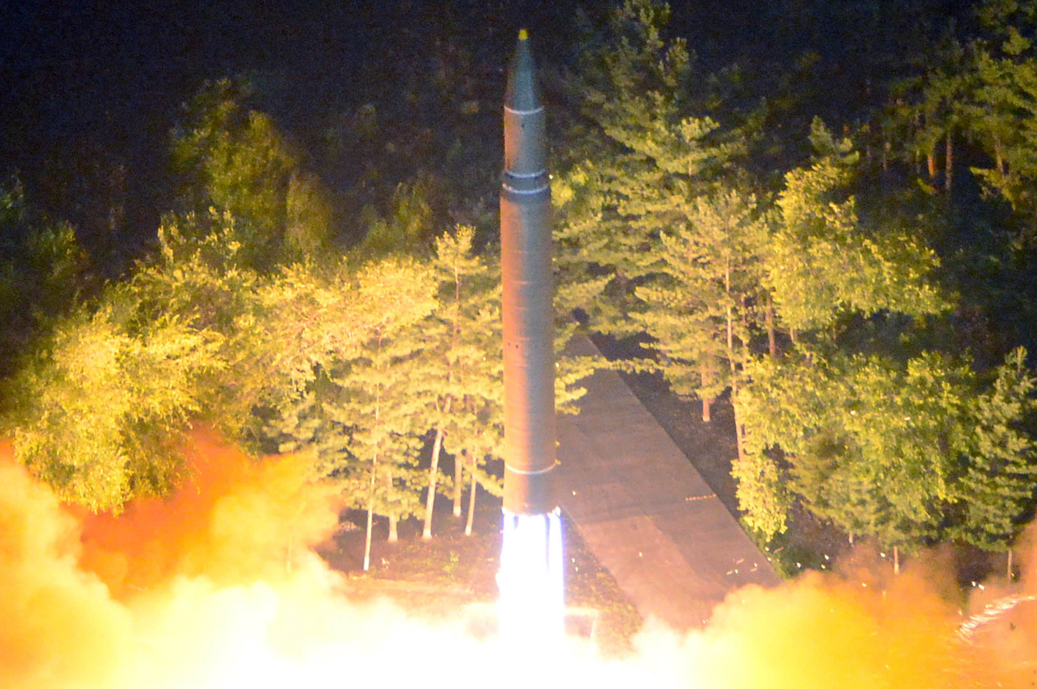 2017-07-28 00:00:00 epa06169198 (FILE) - A photo made available by the North Korean Central News Agency (KCNA), the state news agency of North Korea, shows the second test-fire of ICBM Hwasong-14 at an undisclosed location in North Korea, 28 July 2017. Media reports on 28 August 2017 state that North Korea has launched a missile and the Japanese Government warns it is headed towards Northern Japan. EPA/KCNA EDITORIAL USE ONLY