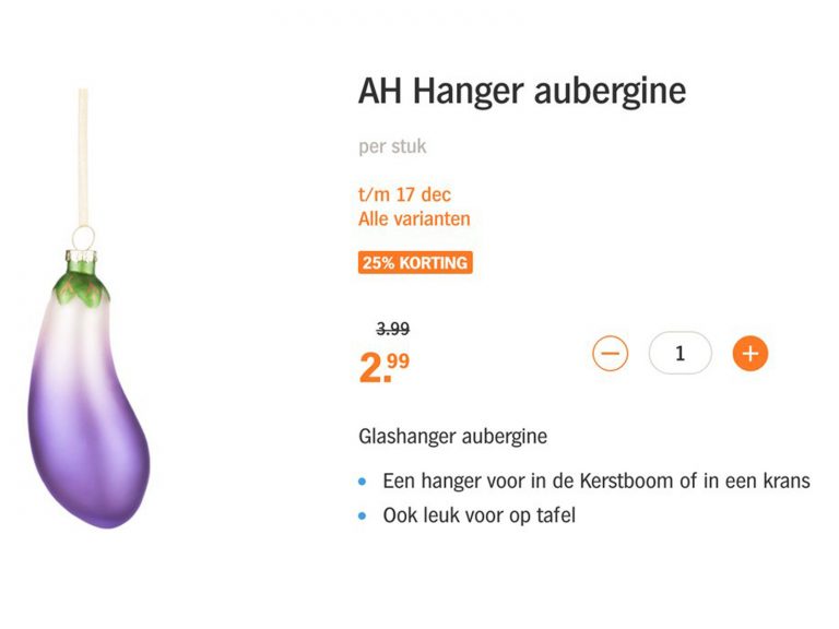 AH verkoopt een dubieuze kerstbal in de vorm van een aubergine