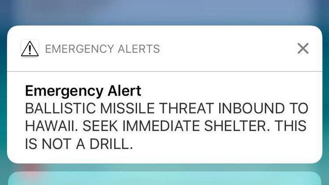 A screenshot from a cell phone displays an alert for a ballistic missile launch in Hawaii January 13, 2018. REUTERS/Hugh Gentry