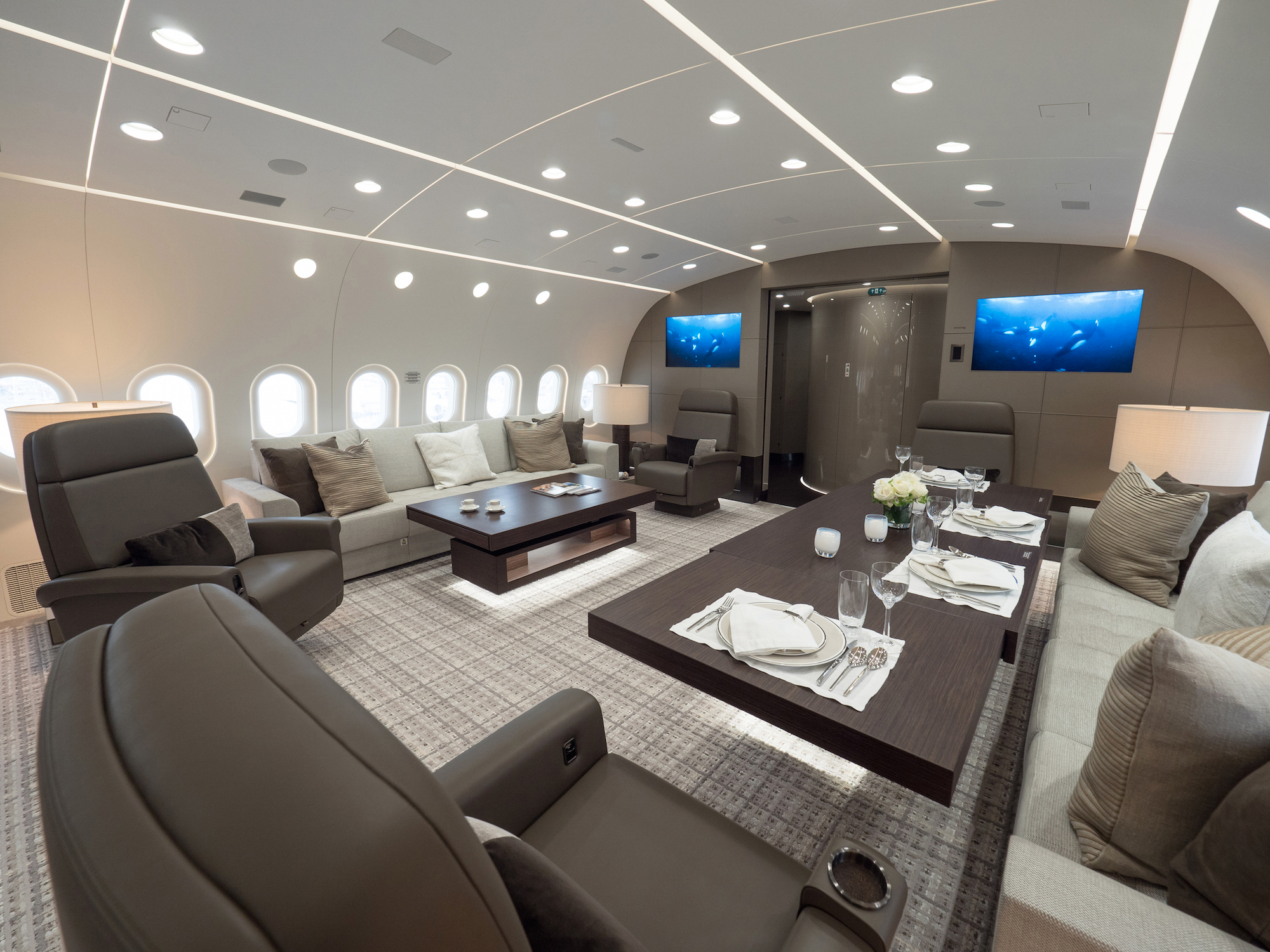 De hoofdlounge van een creatie van Kestrel Aviation Management. Foto: Kestrel Aviation Management