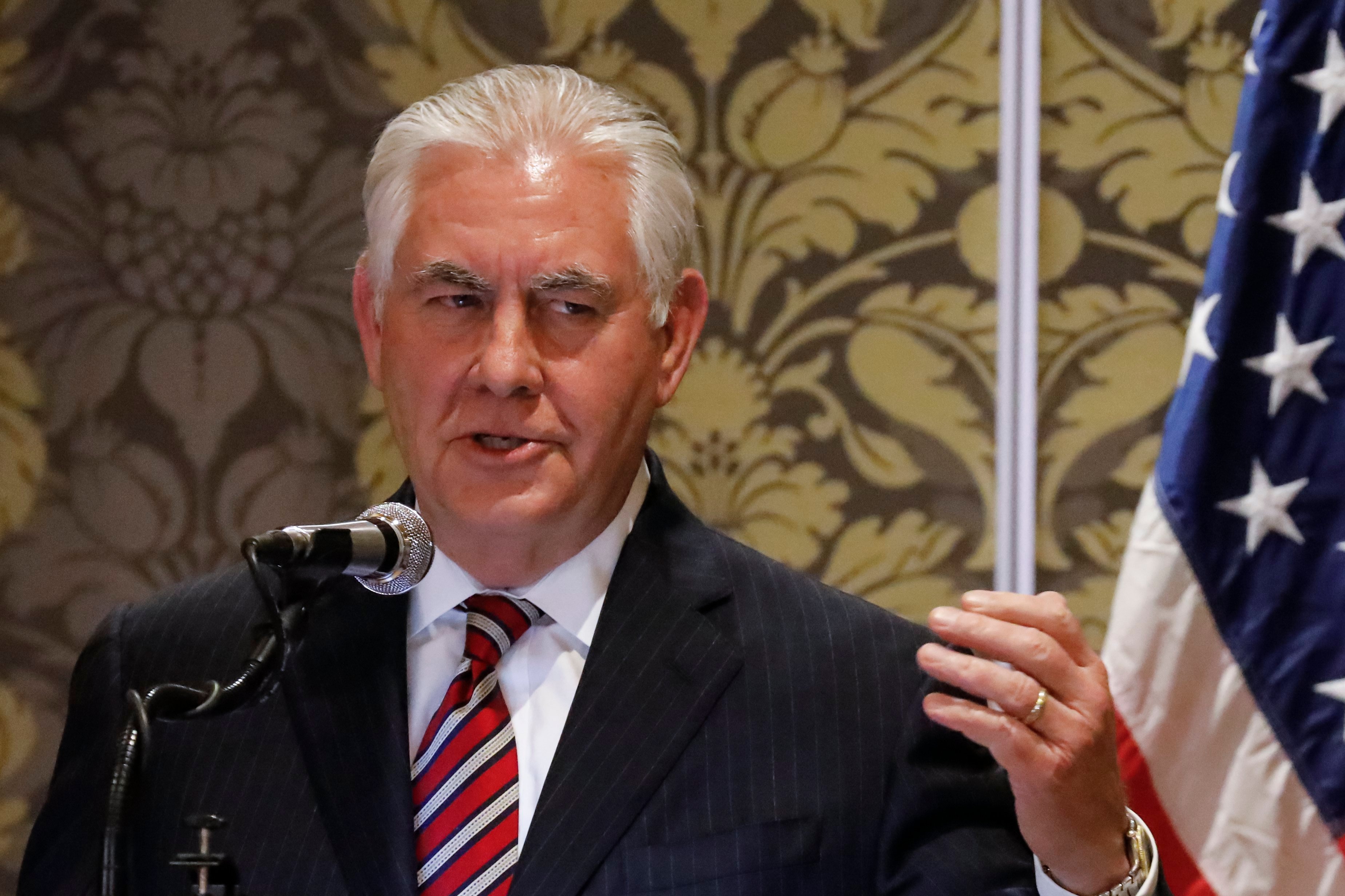 2018-03-09 19:32:53 epa06591863 US Secretary of State Rex Tillerson speaks during a joint news conference with Kenyan foreign minister Monica Juma (not pictured) at a Nairobi hotel in the capital Nairobi, Kenya, 09 March 2018. Tillerson is visiting Kenya on his first official tour of Africa before visiting Nigeria. Tillerson's visit will focus on supporting democratic process in Kenya and press freedom among others, US government said in a statement. EPA/DAI KUROKAWA