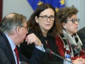 2018-03-10 14:19:48 epa06593632 European Commissioner for Trade Cecilia Malmstrom (C) with members of her delegation attends a meeting with US trade representative Robert Lighthizer and Japan's Economy Minister Hiroshige Seko (both unseen) at the European Commission headquarters in Brussels, Belgium, 10 March 2018. European Commissioner Malmstrom, US trade representative Lighthizer and Japan's Minister Seko were meeting for talks after US President Donald J. Trump had signed a declaration to impose tariffs of 25 percent on steel and 10 percent on aluminum. EPA/STEPHANIE LECOCQ / POOL