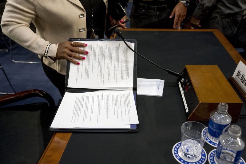 The notes that were in front of Facebook CEO Mark Zuckerberg during his testimony before a senate committee on Tuesday, April 10, 2018.