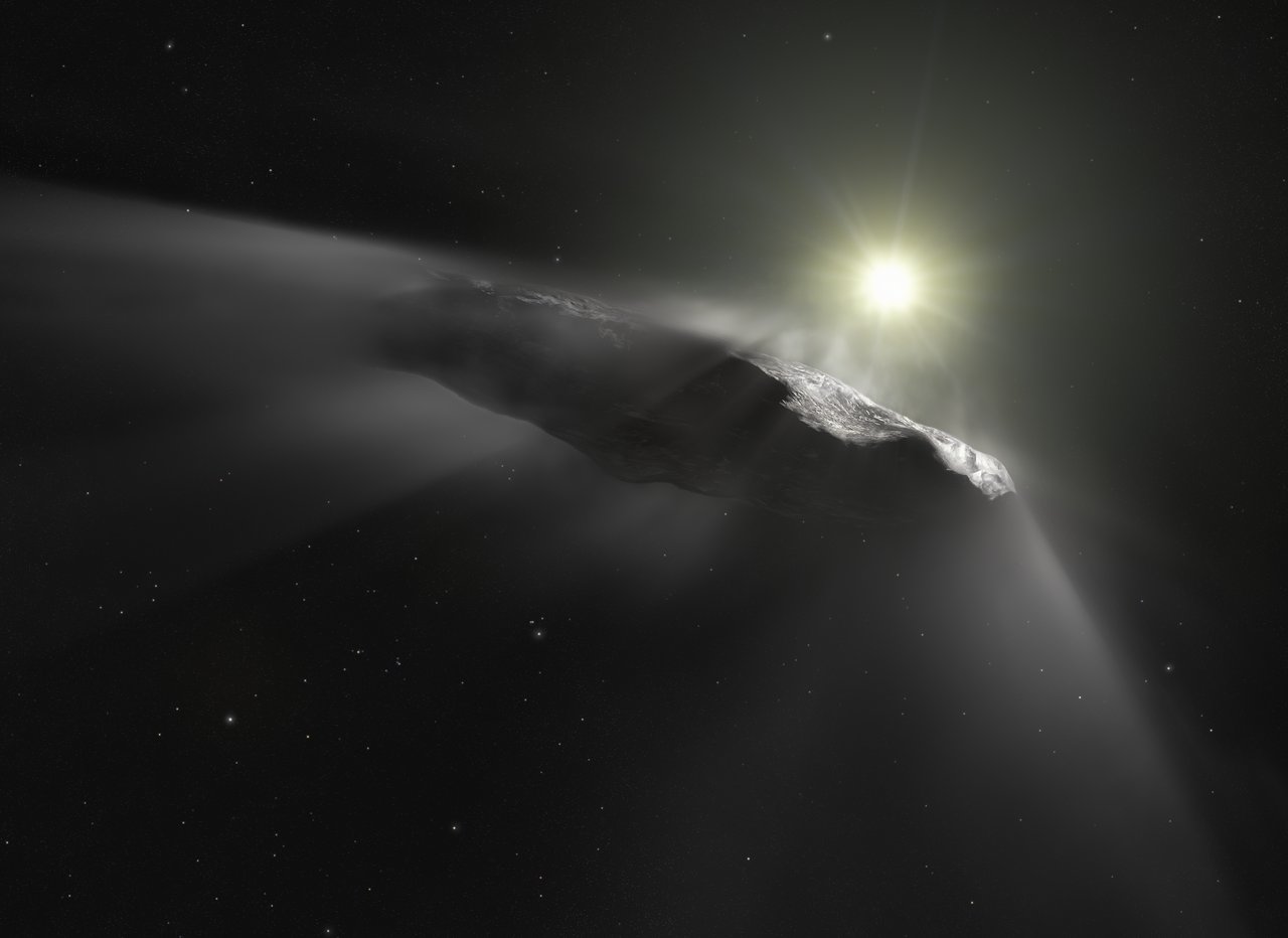 Een impressie van 'Oumuamua. Beeld: ESA/Hubble; NASA; ESO; M. Kornmesser