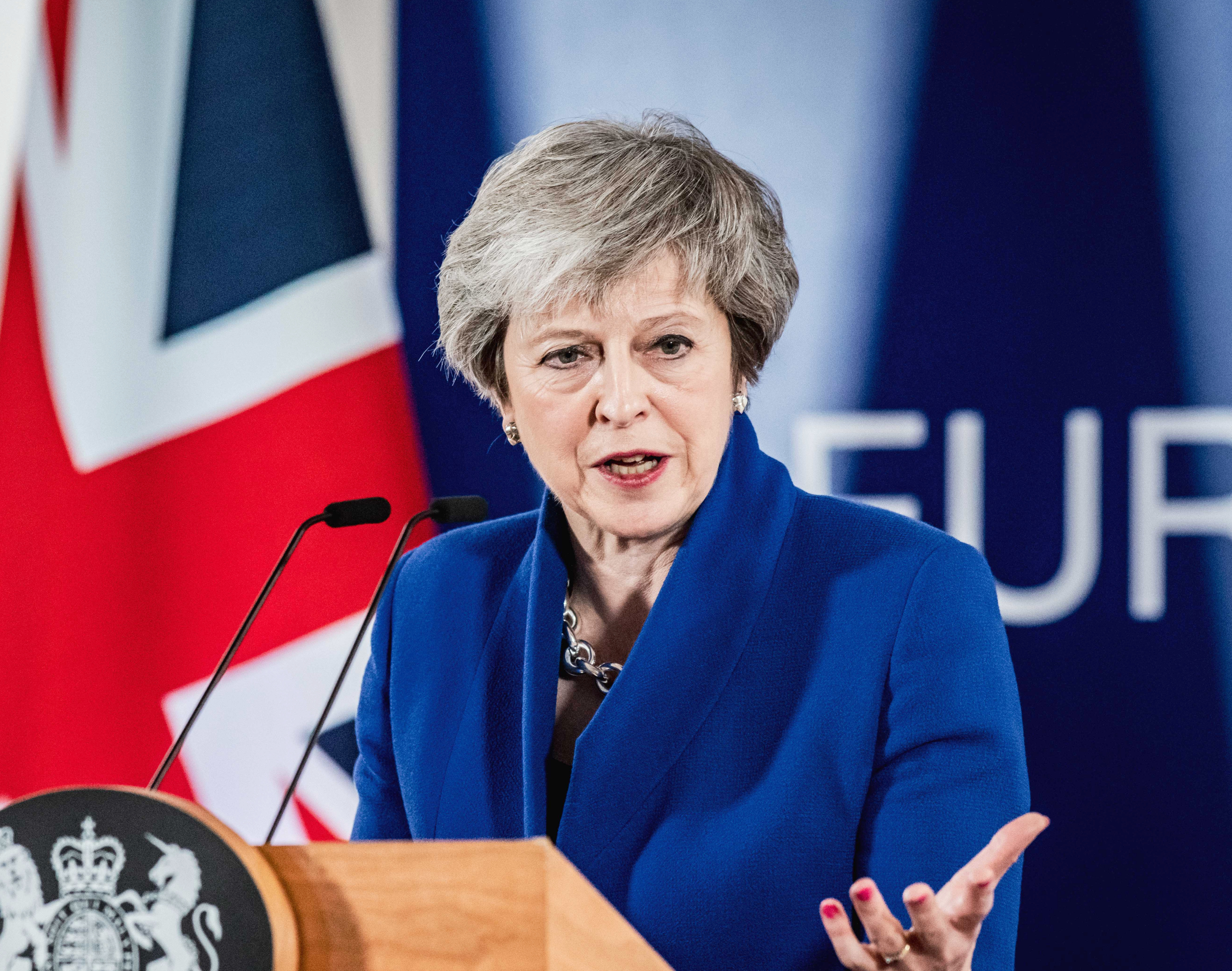 De Britse premier Theresa May tijdens een speciale top in Brussel over de Brexit.
