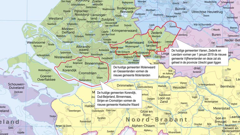 Drie nieuwe fusiegemeentes in Zuid-Holland. Bron: Alcarta / ThiemeMeulenhoff / RTV Rijnmond