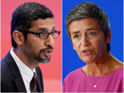 Google-topman Sundar Pichai en eurocommissaris Margrethe Vestager.