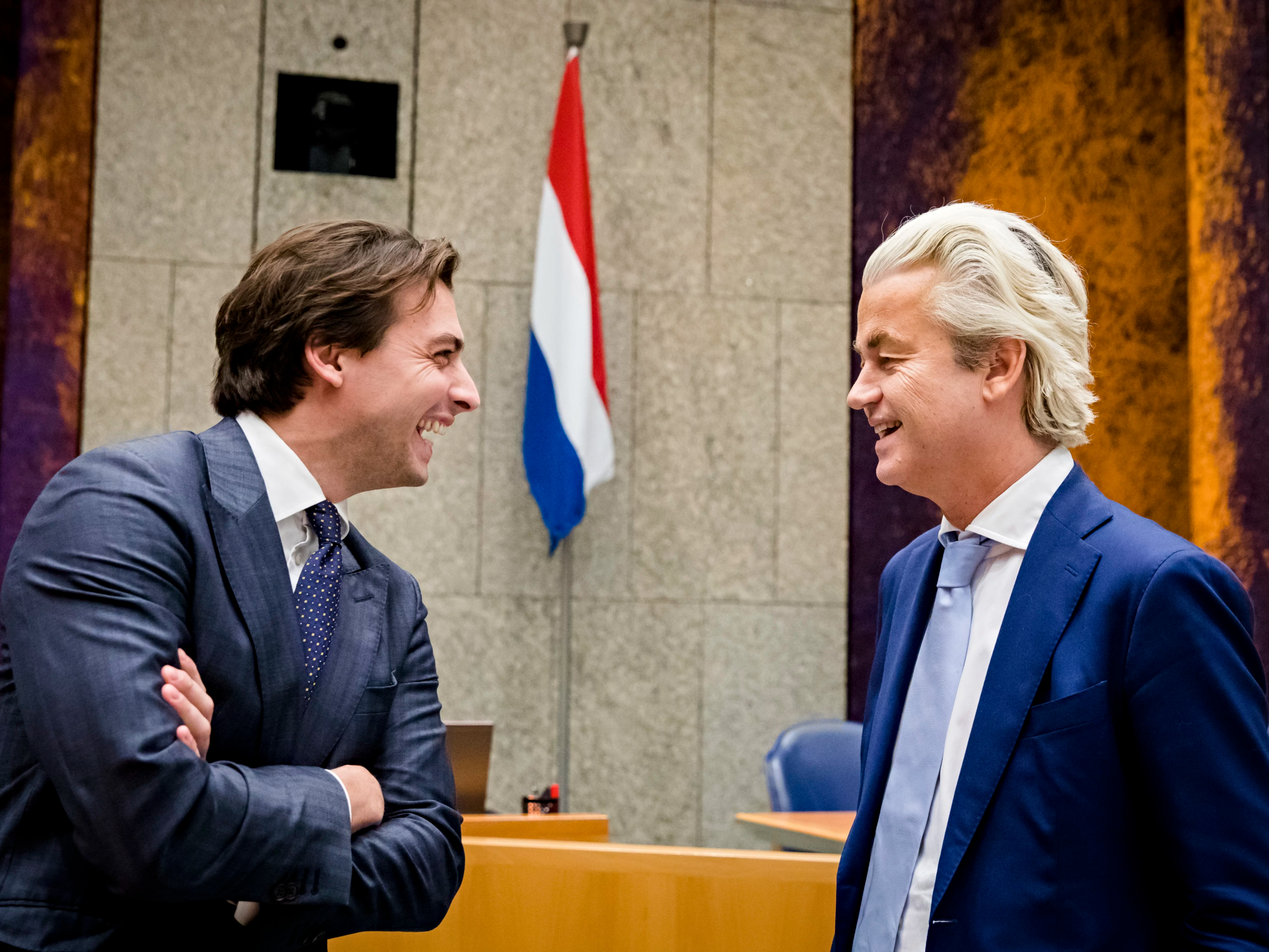 Geert Wilders (PVV) en Thierry Baudet (FvD) voorafgaand aan het debat over het klimaatakkoord.