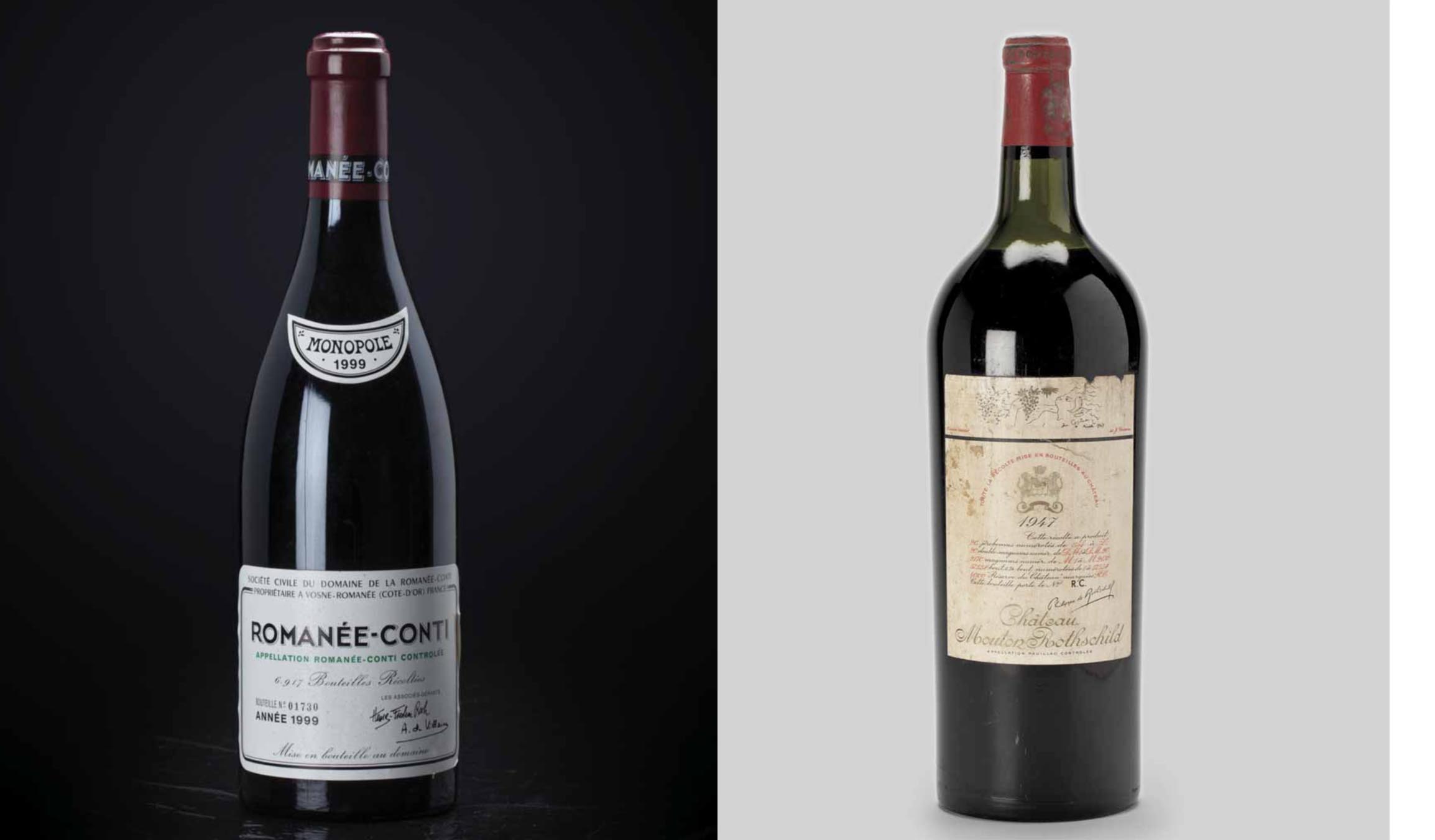 De Romanée-Conti Grand Cru 1999 moet tussen de 10.800 en 13.300 euro opbrengen, de Château Mouton Rothschild 1947 tussen de 7100 en 10.400 euro.
