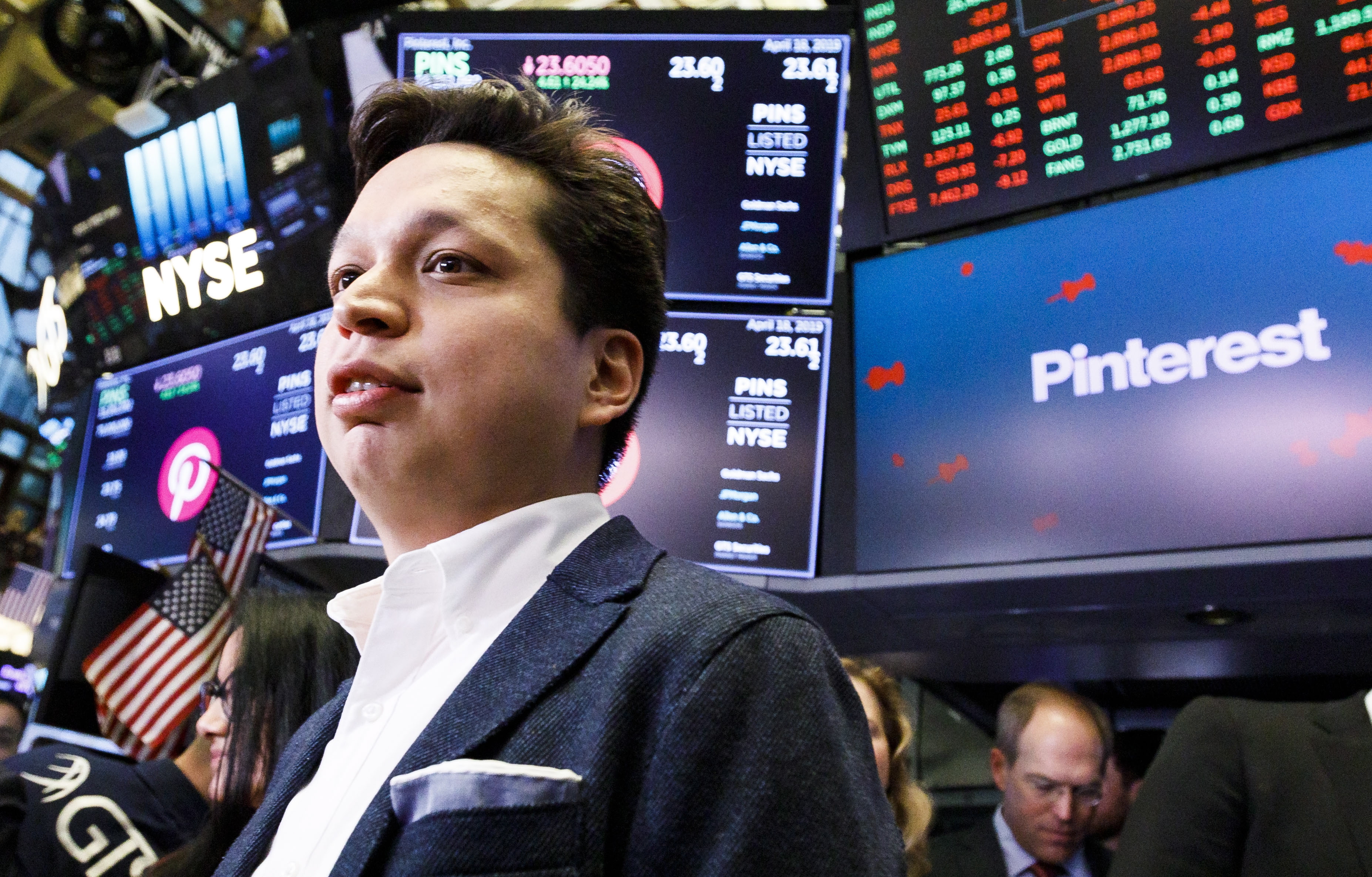 CEO Ben Silbermann van Pinterest op de New York Stock Exchange.