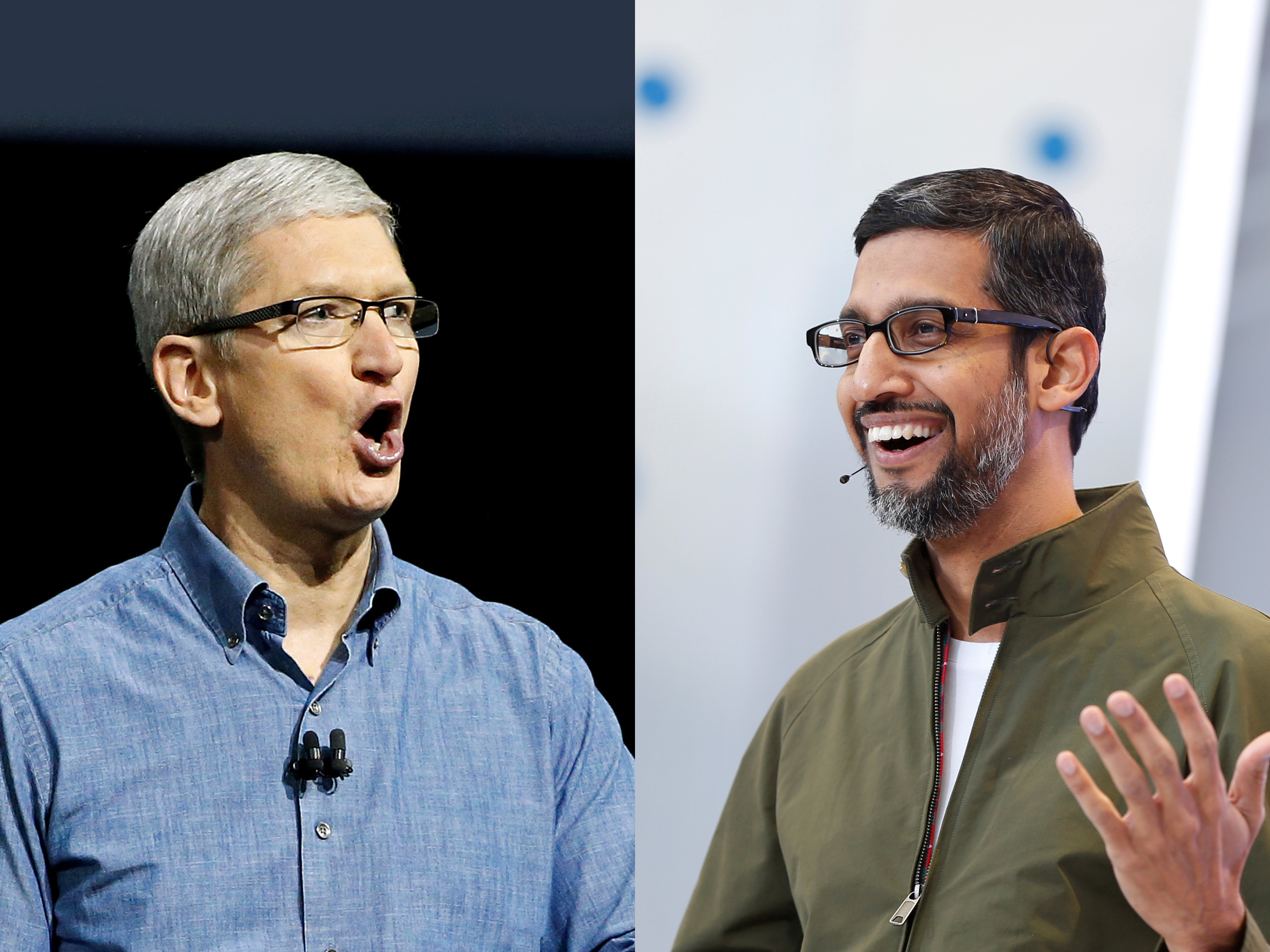 Apple-baas Tim Cook en Google-topman Sundar Pichai.