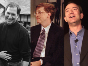 Steve Jobs (l), Bill Gates (m) en Jeff Bezos (r).
