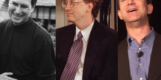 Steve Jobs (l), Bill Gates (m) en Jeff Bezos (r).