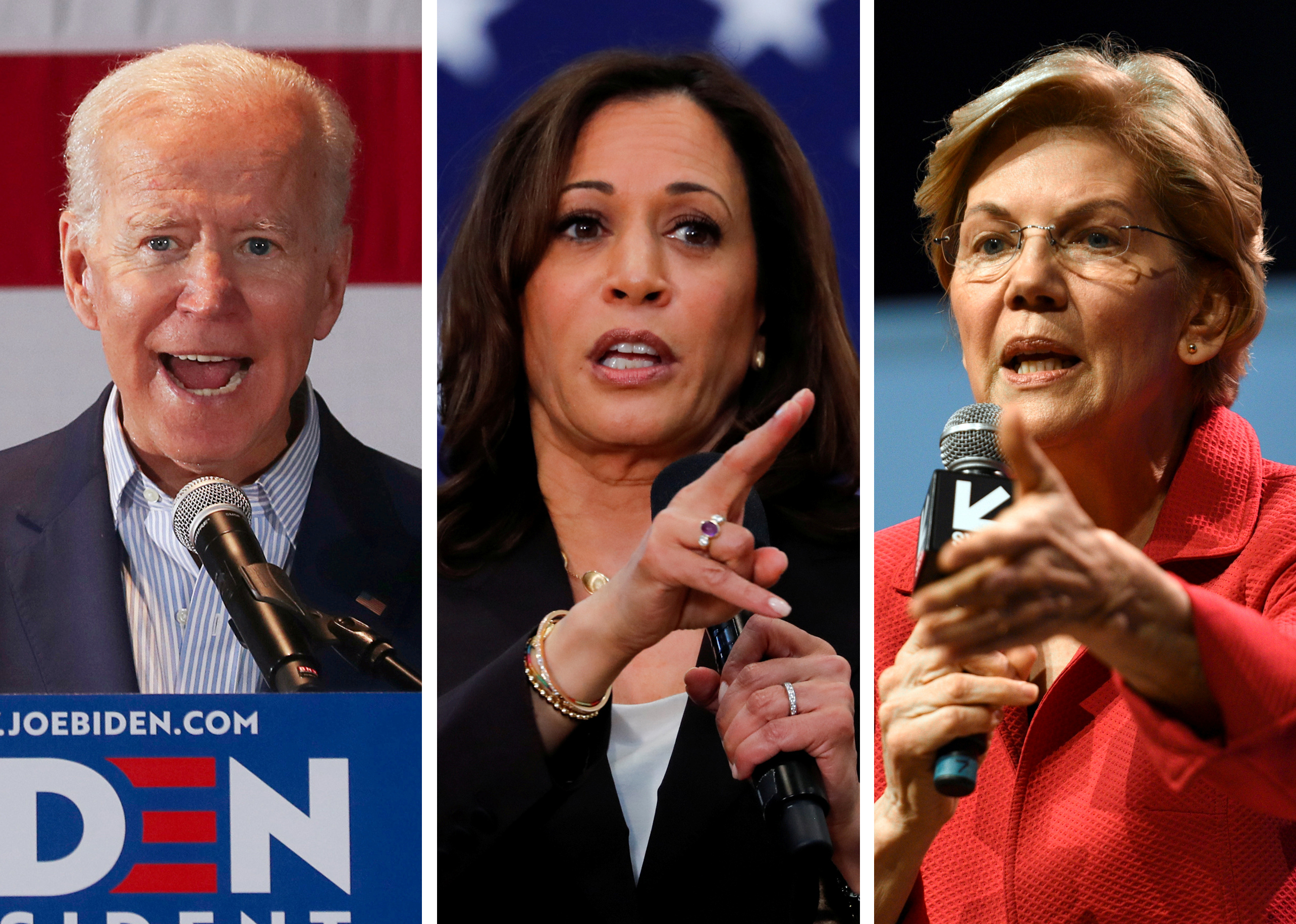 Joe Biden, Kamala Harris en Elizabeth Warren.