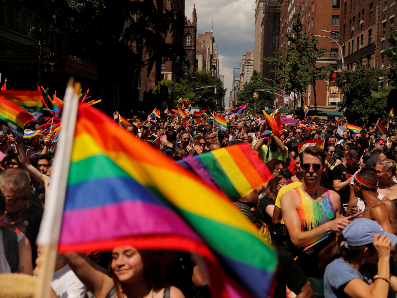 Marchers walk down 5th Avenue as they part in the 2019 World Pride NYC and Stonewall 50th LGBTQ Pride Parade in New York, U.S., June 30, 2019. REUTERS/Lucas Jackson