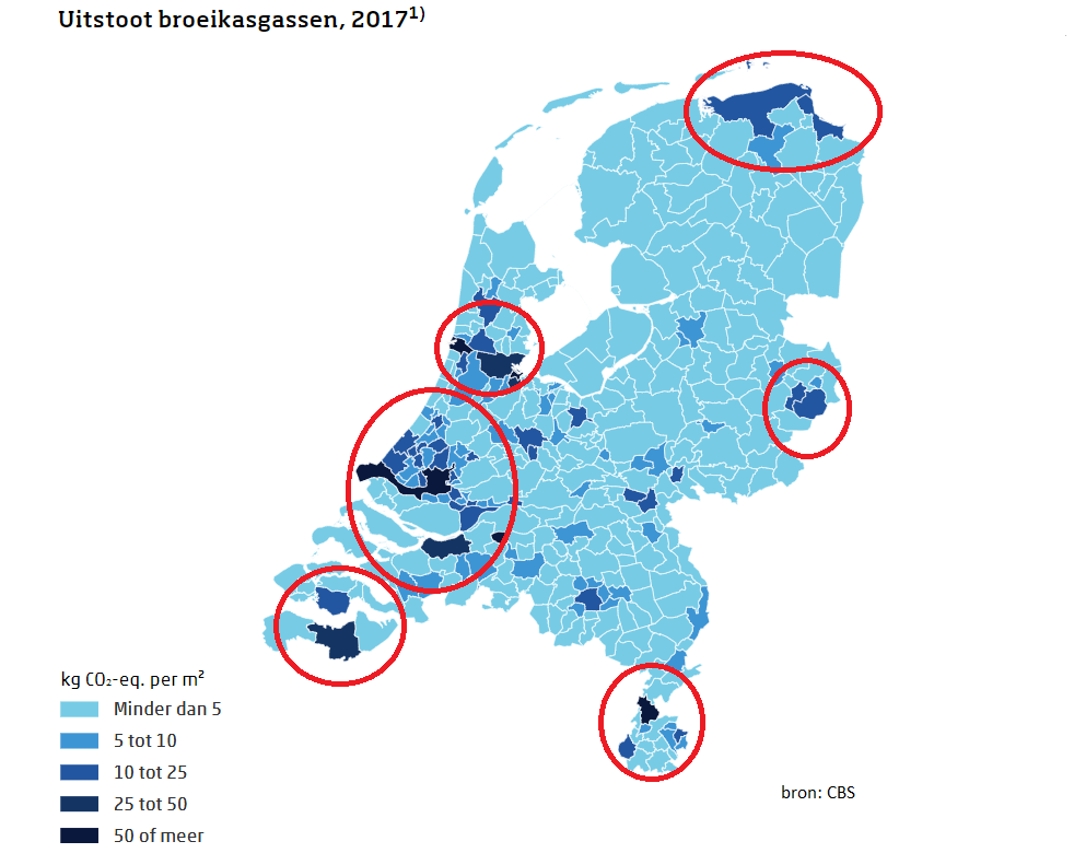 oncentratie van de uitstoot van broeikasgassen het hoogst is in industriële clusters rond Rotterdam, Amsterdam, Zeeland en Limburg, de regio Enschede en en Noord-Groningen