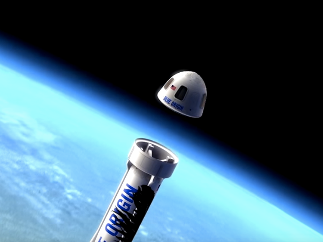 De capsule waarin de twee Bezos-broers en hun passagiers zitten, koppelt zich los van de New Shepard-raket. Illustratie: Blue Origin