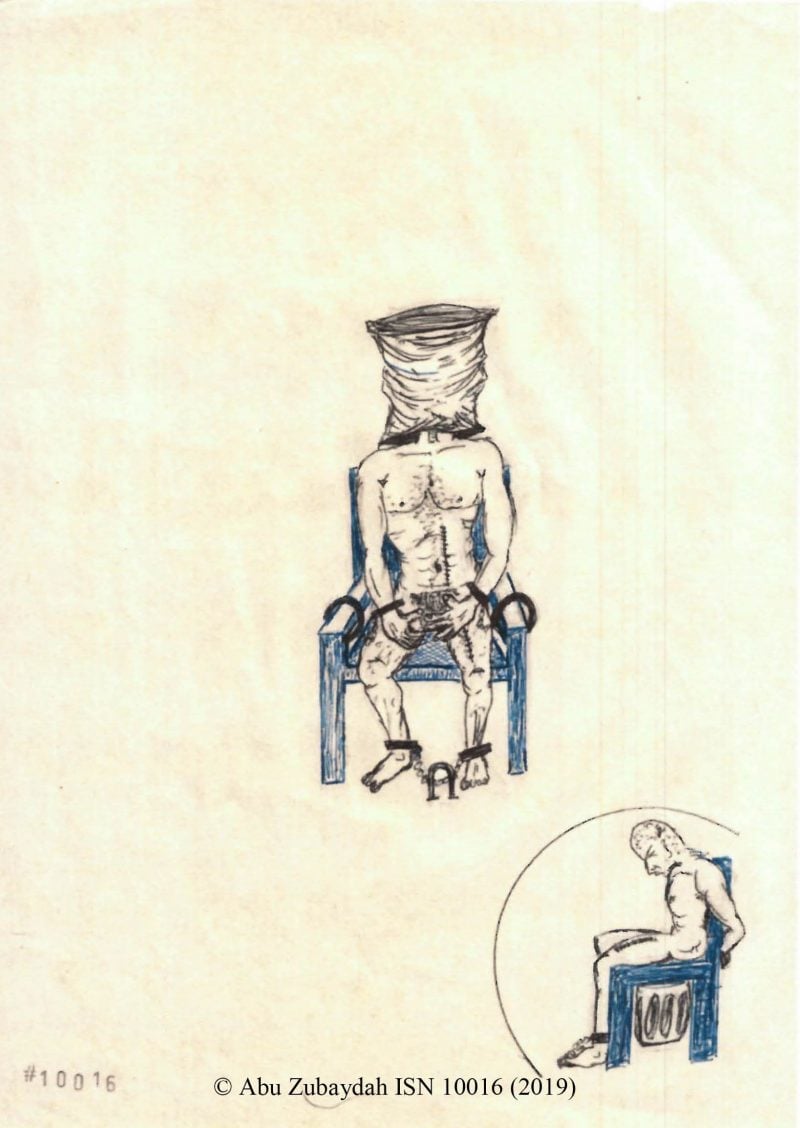 Zubaydah drew himself shaved and shackled to a chair with a bucket undernea...