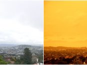 De lucht boven Auckland op een normale dag (links) en als gevolg van de branden in Australië (rechts).
