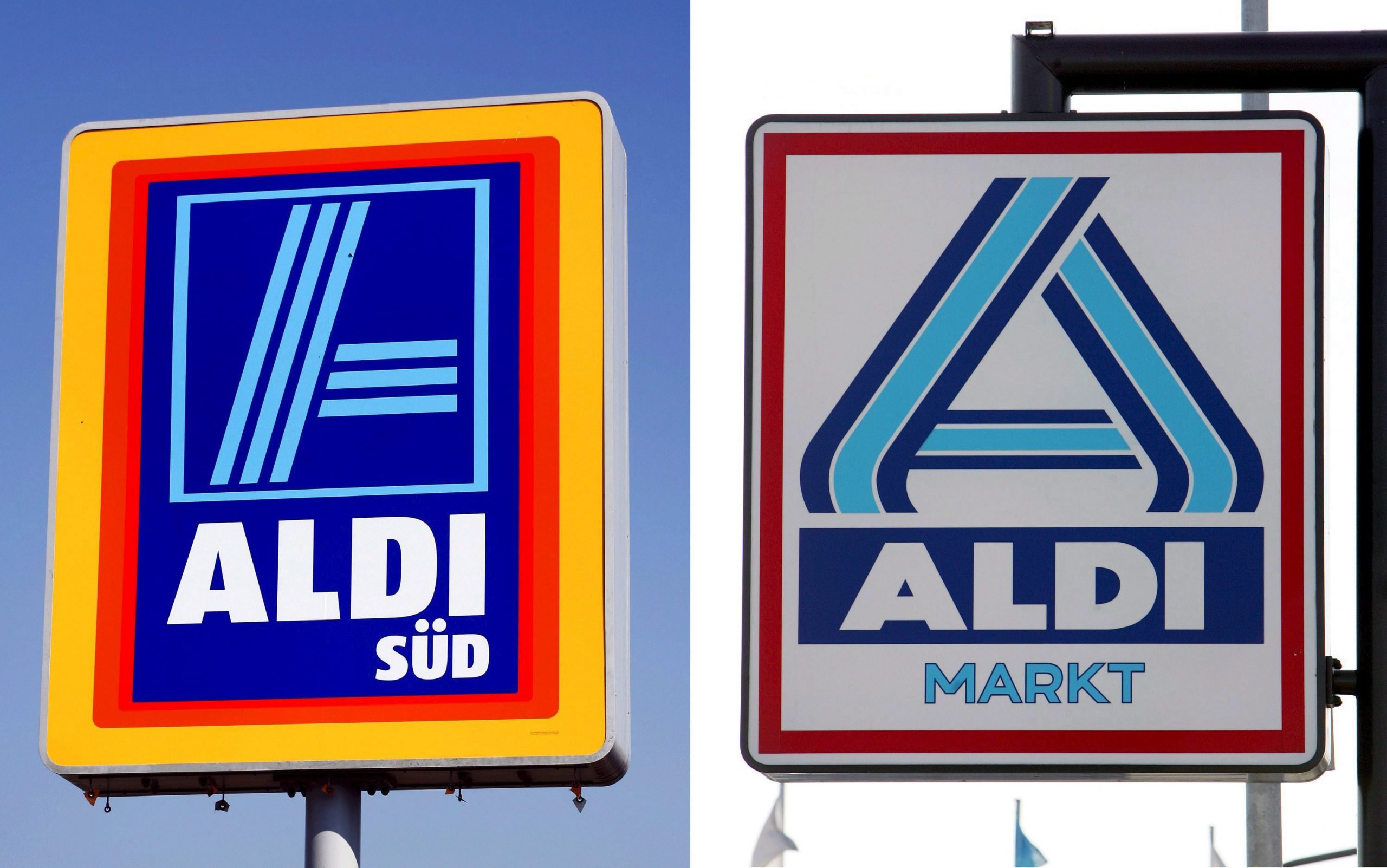 De logo's van de sinds 1961 apart van elkaar opererende Aldi Süd en Aldi Nord naast elkaar.
