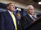 President Donald Trump en vicepresident Mike Pence maandag tijdens een persconferentie in het Witte Huis over maatregelen tegen het coronavirus.