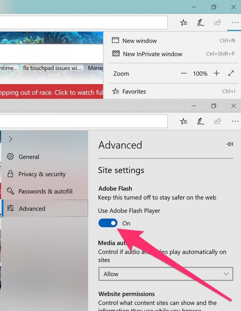 How to enable Adobe Flash Player on a Microsoft Edge browser