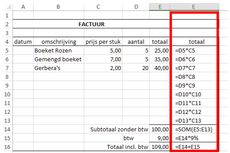 Met deze formules vermeldt je factuur automatisch de btw.  © Tech Academy / Z24 Academy