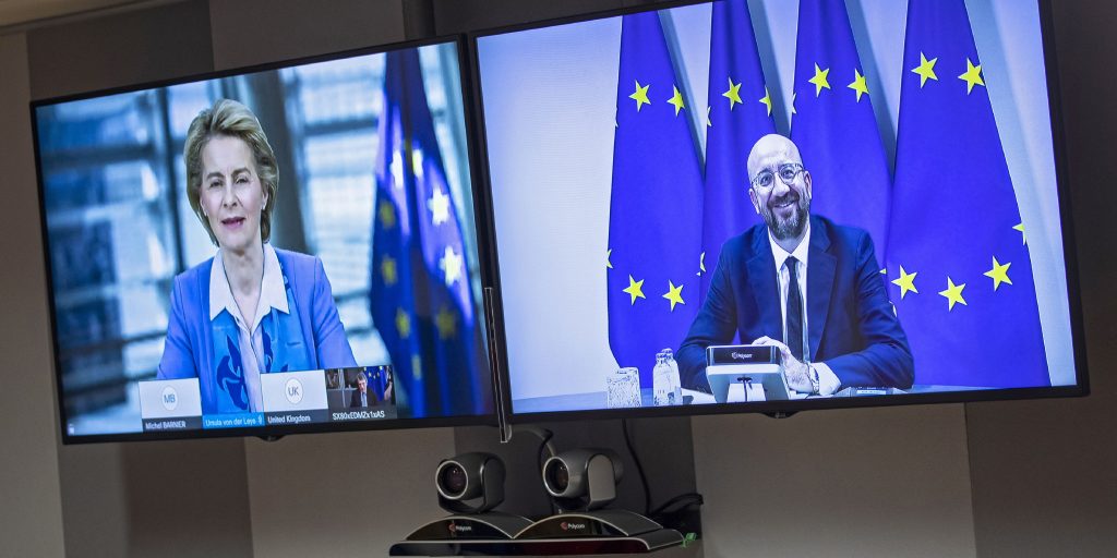 Europees Commissievoorzitter Ursula von der Leyen en EU-president Charles Michel tijdens het Brexitoverleg per videoverbinding op 15 juni 2020.