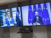Europees Commissievoorzitter Ursula von der Leyen en EU-president Charles Michel tijdens het Brexitoverleg per videoverbinding op 15 juni 2020.