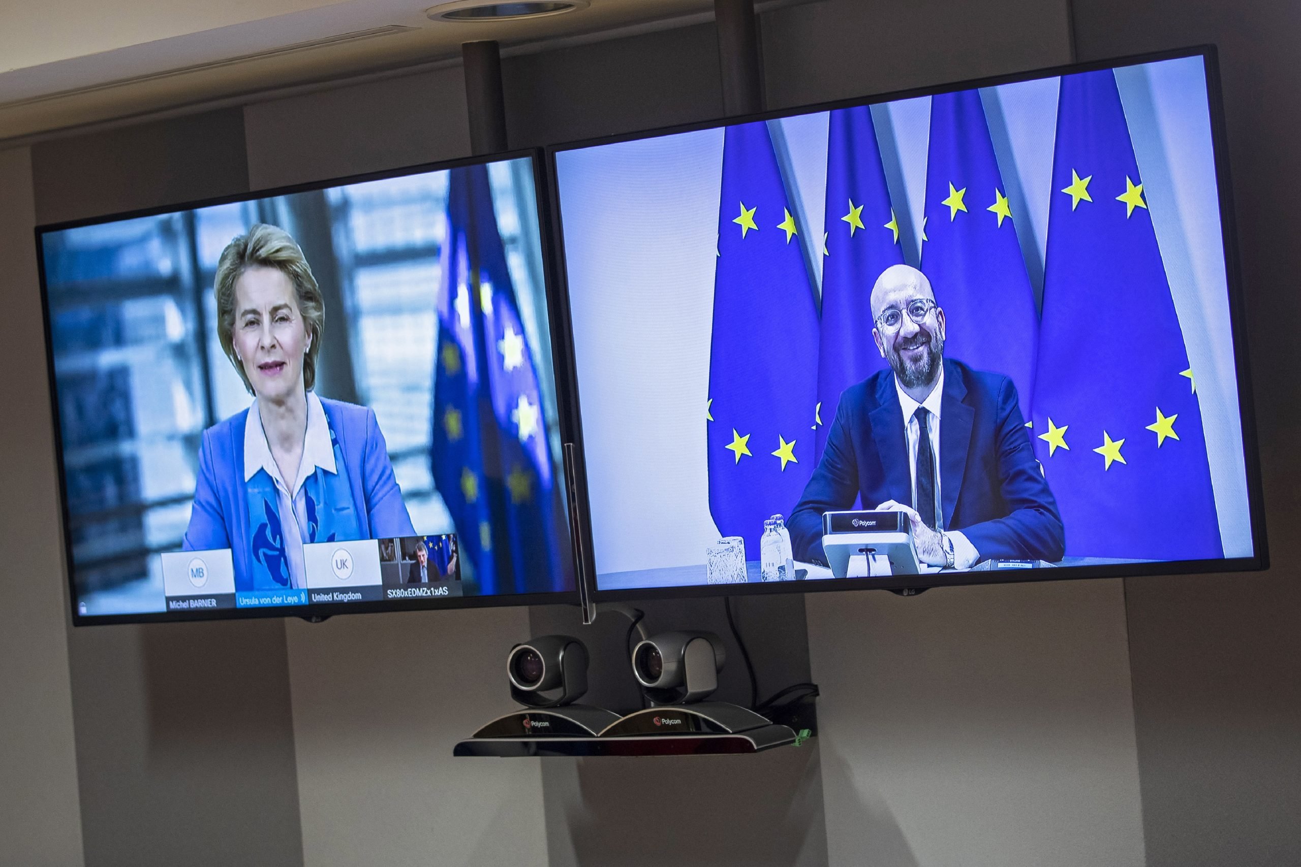 Europees Commissievoorzitter Ursula von der Leyen en EU-president Charles Michel tijdens het Brexitoverleg per videoverbinding op 15 juni 2020.