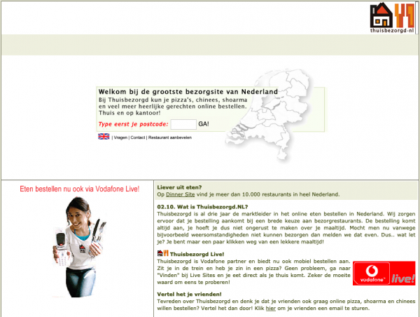 Foto: De website van Thuisbezorgd.nl op 2 oktober 2003. Bron: Wayback Machine/Internet Archive Foto: De website van Thuisbezorgd.nl op 2 oktober 2003. Bron: Wayback Machine/Internet Archive