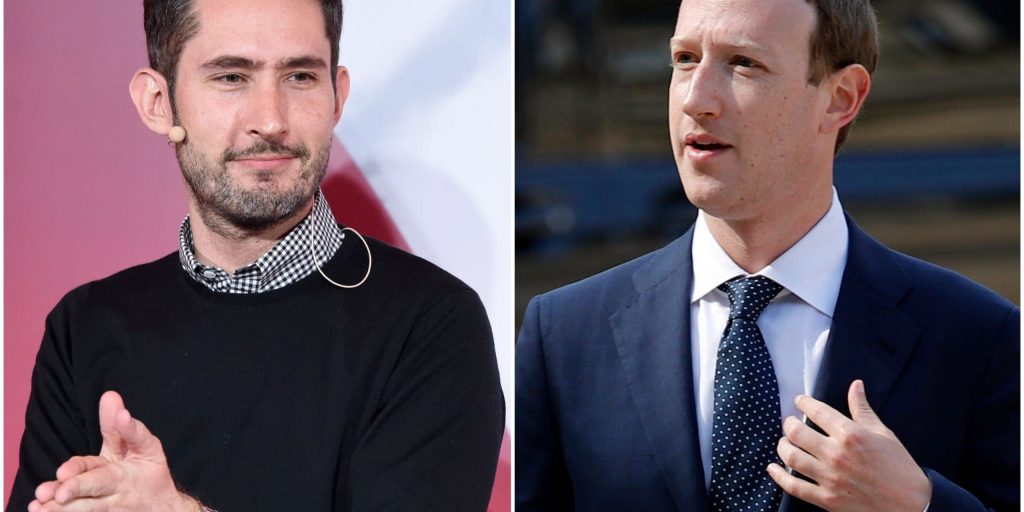 Links Instagram-oprichter Kevin Systrom, rechts Facebook-baas Mark Zuckerberg.