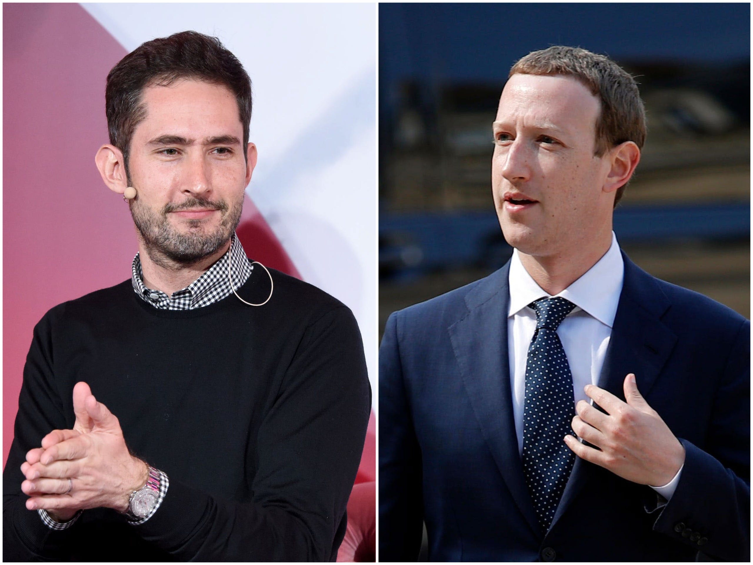 Links Instagram-oprichter Kevin Systrom, rechts Facebook-baas Mark Zuckerberg.