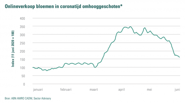 Tijdens de piek van corona-onrust stegen de online verkopen, bron: ABN-Amro Tijdens de piek van corona-onrust stegen de online verkopen, bron: ABN-Amro