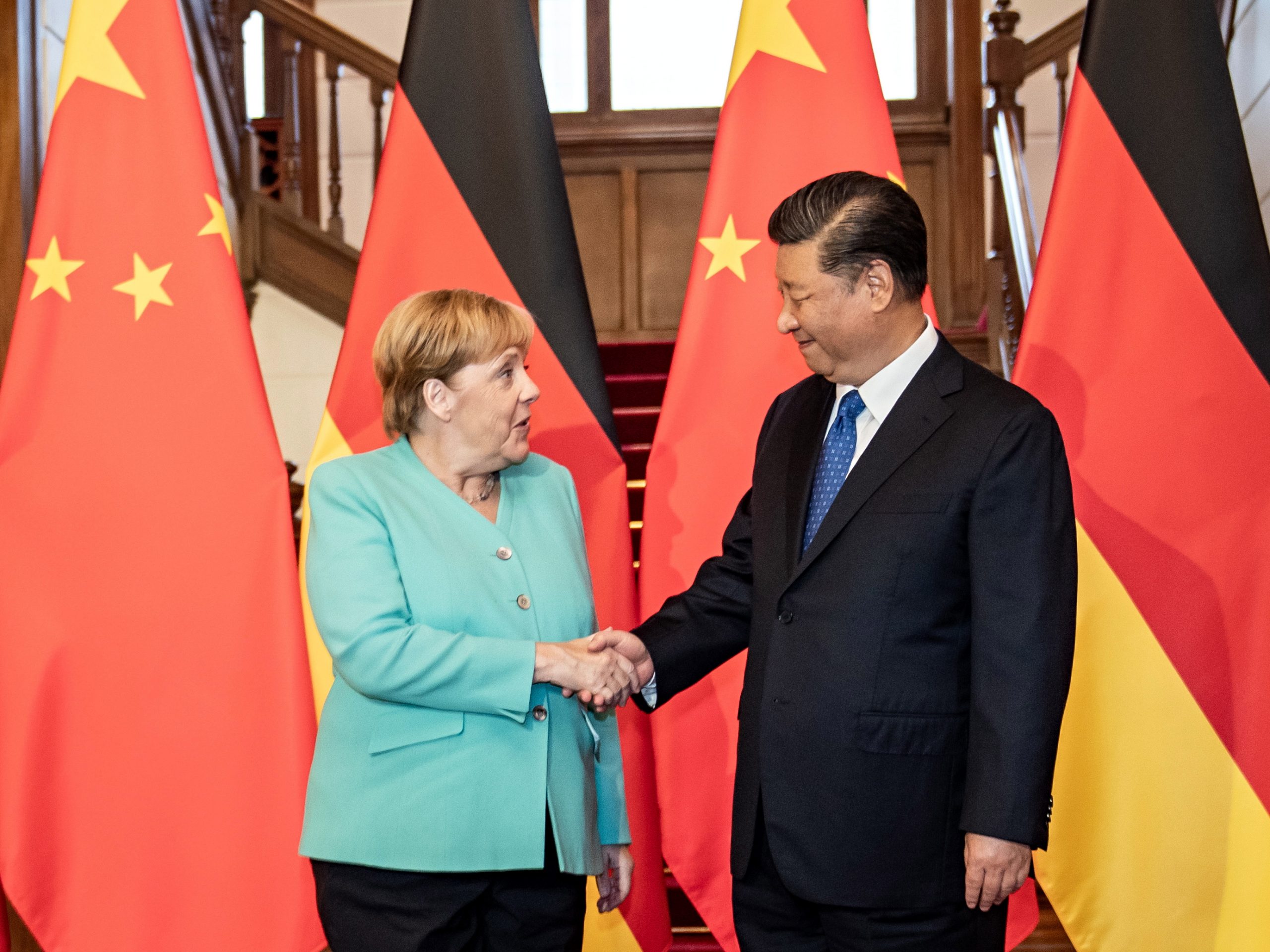De Duitse bondskanselier Angela Merkel en de Chinese president Xi Jinping.