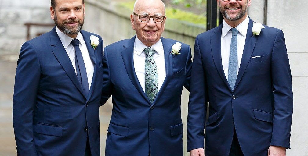 Rupert Murdoch with his sons Lachlan Murdoch (L) and James Murdoch (R) at his 2019 wedding to Jerry Hall.